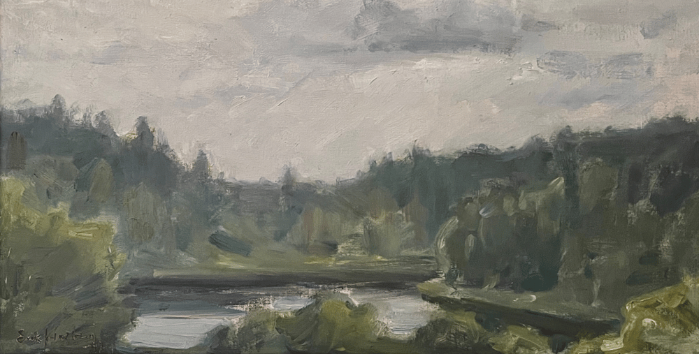 En målning som föreställer en flod och en molnig himmel.