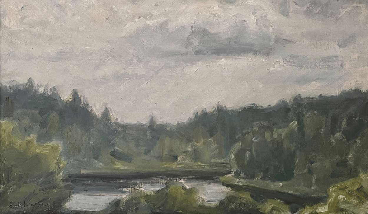 En målning som föreställer en flod och en molnig himmel.
