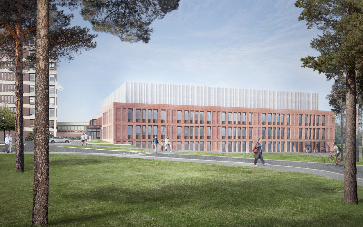 En rendering av en byggnad mitt i en park.